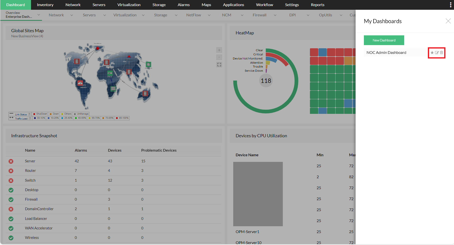 Deleting a dashboard in OpManager