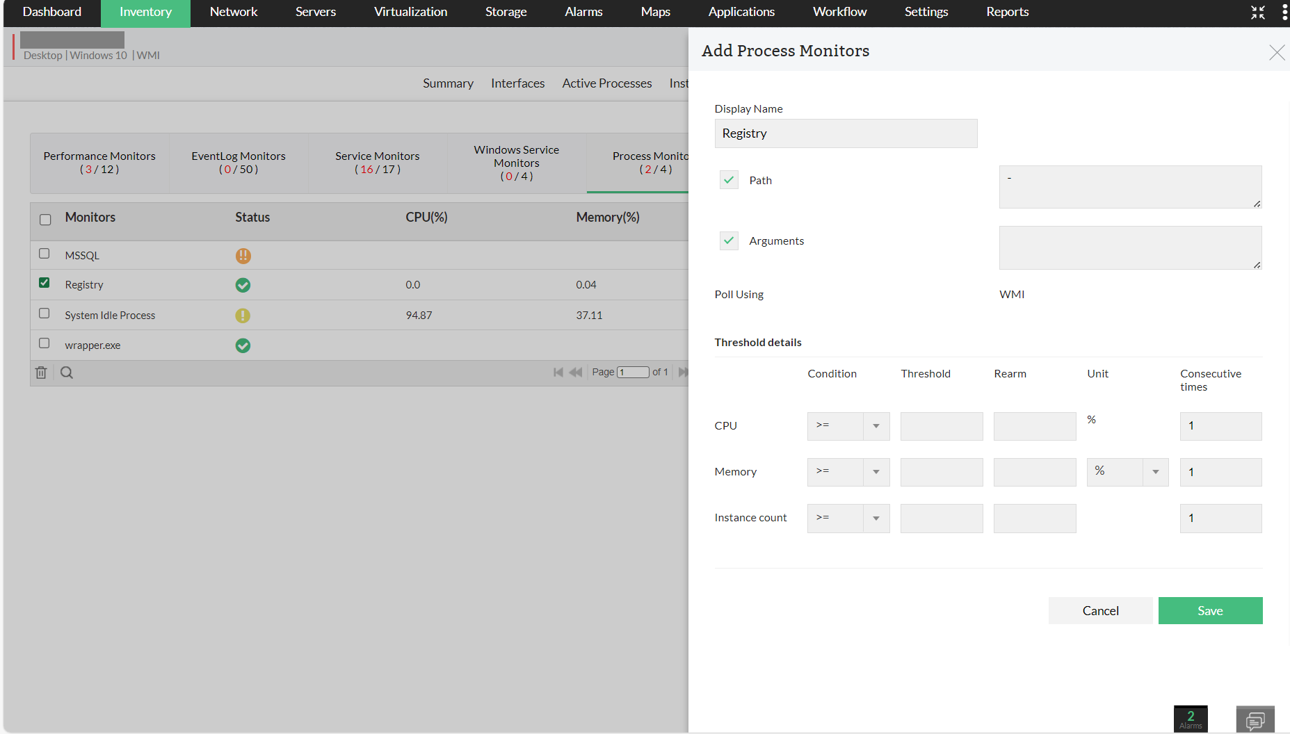 Configuring process monitor thresholds