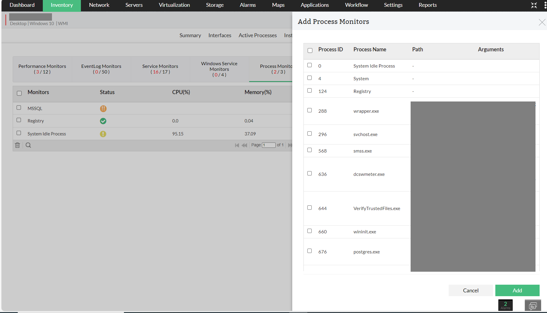 Configuring process monitor from device snapshot page