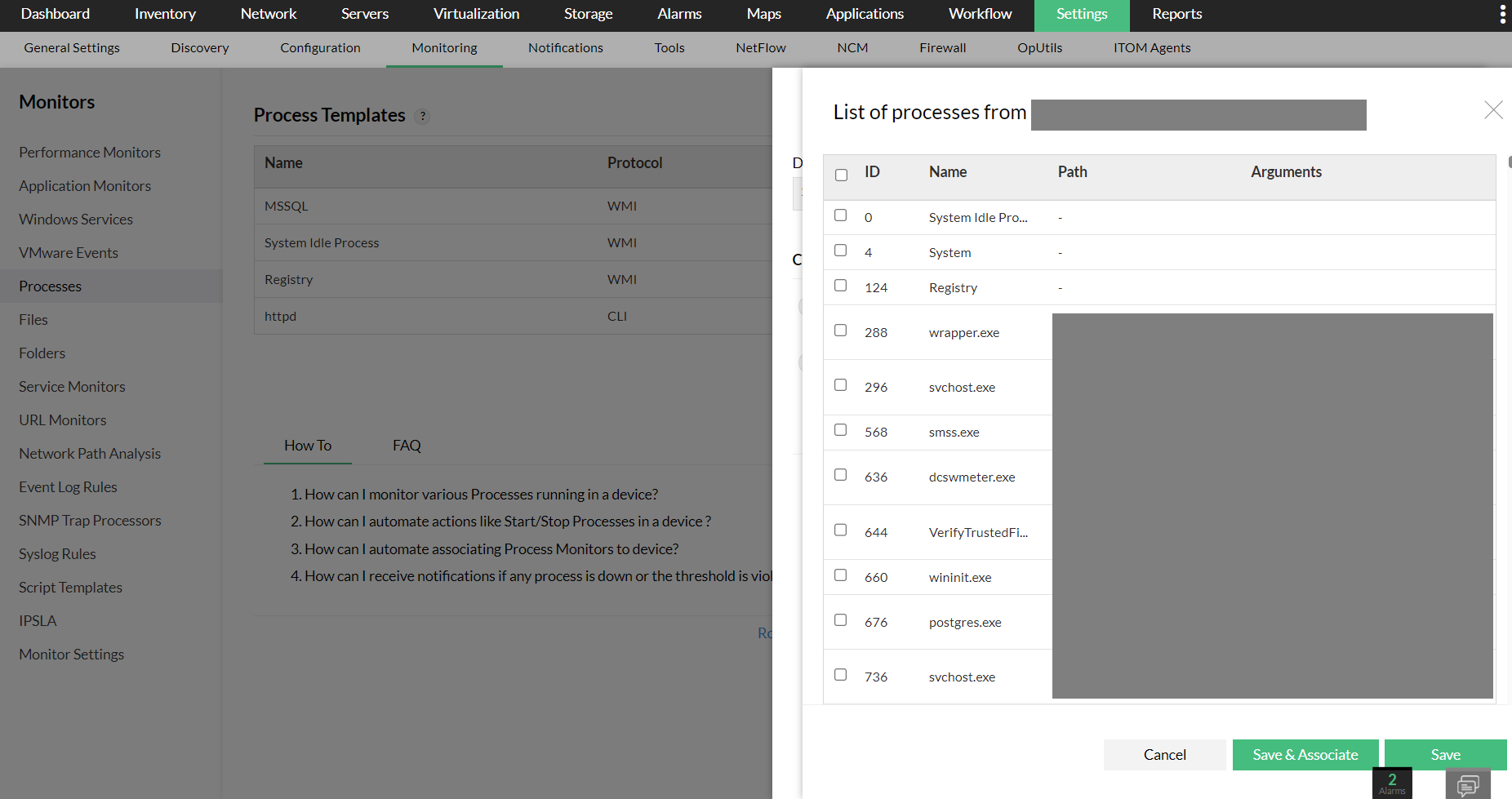 Configuring process monitor from performance monitor settings page