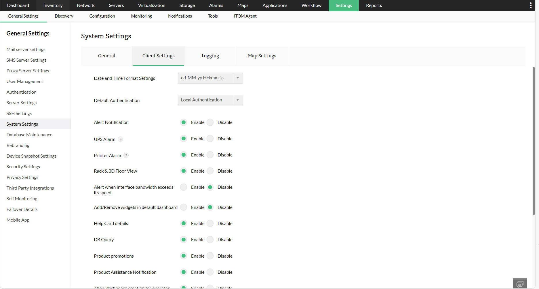 Client Settings in OpManager - System Settings