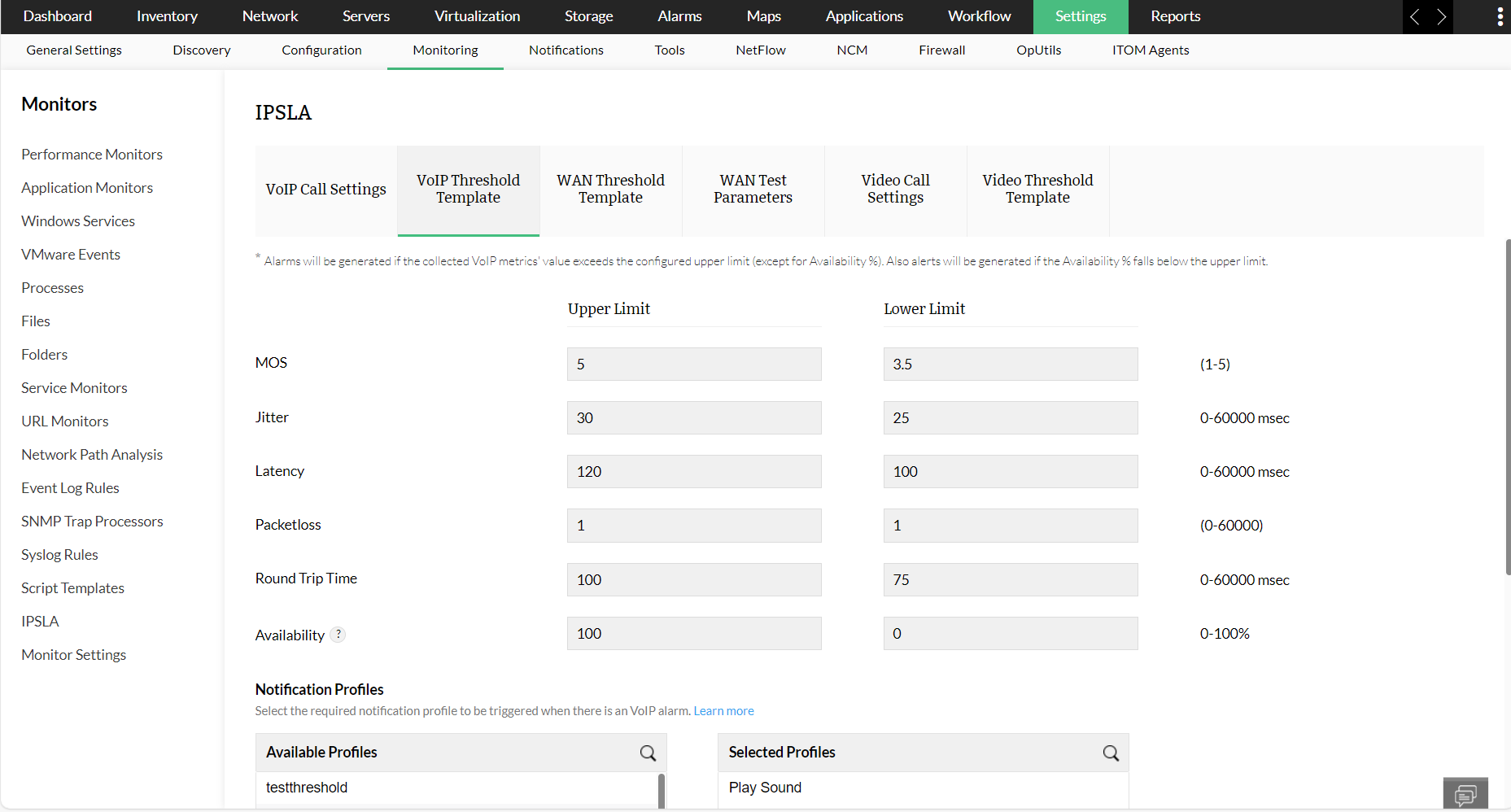 Configuring VoIP threshold in OpManager