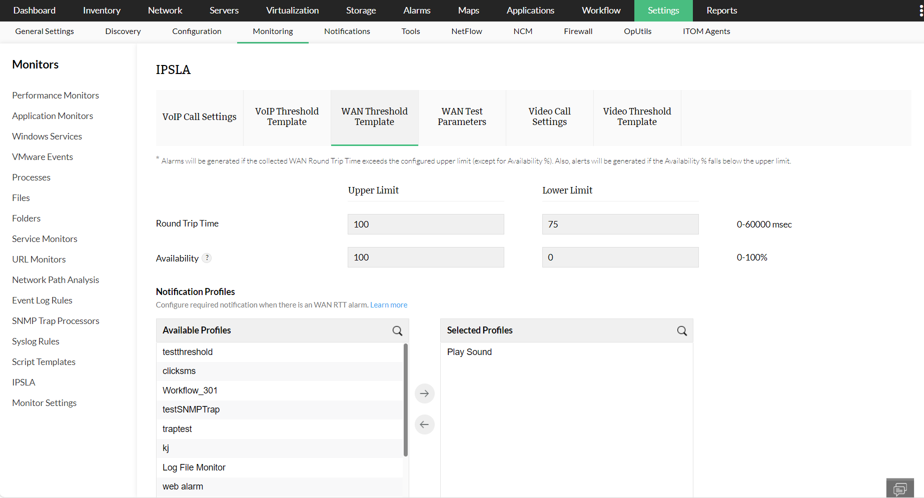 Defining thresholds for round trip time in OpManager