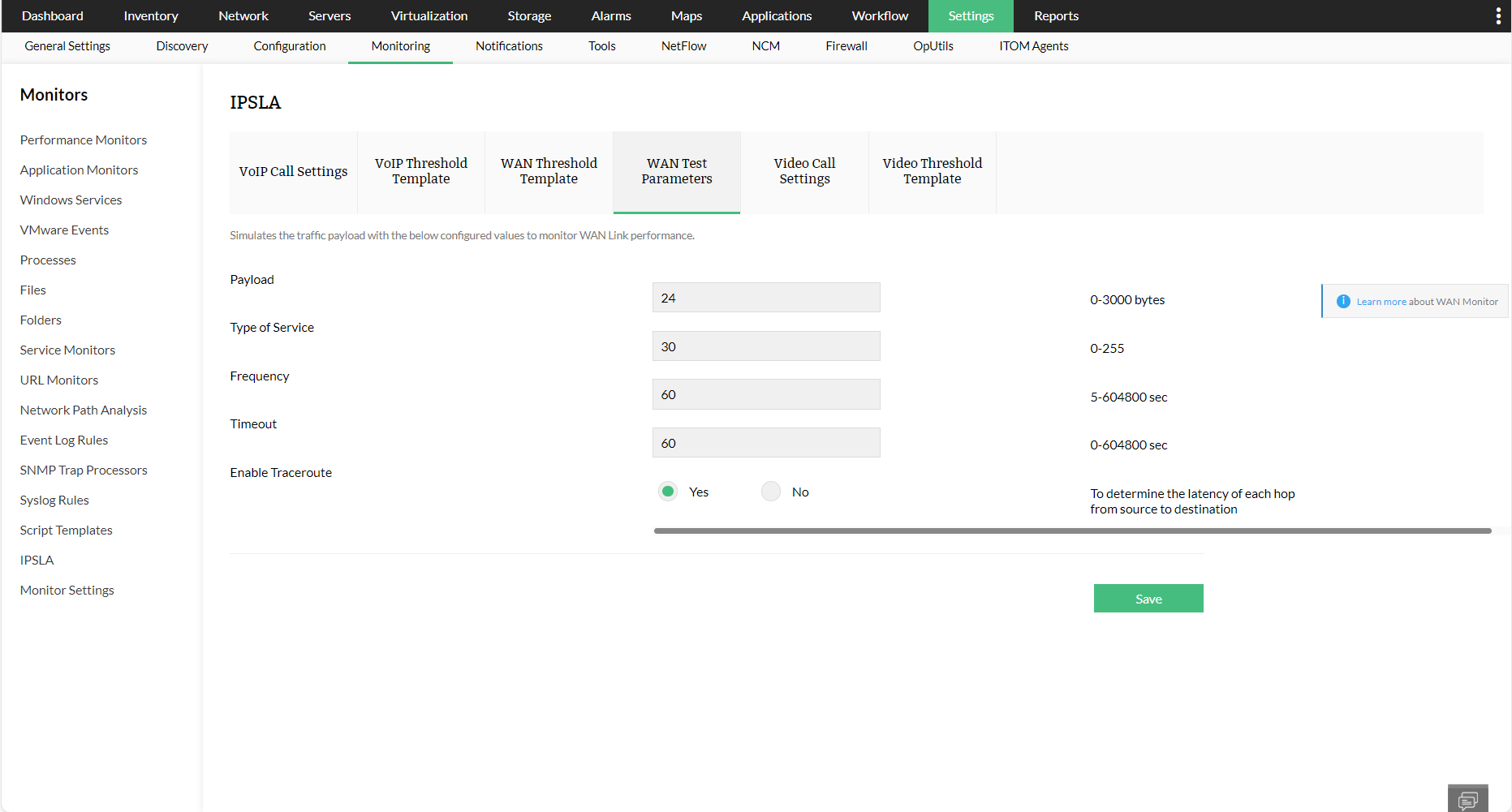 Configuring test parameters in OpManager