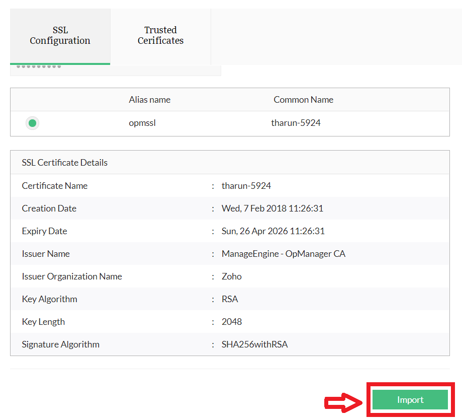 verify and click Import for using the certificate