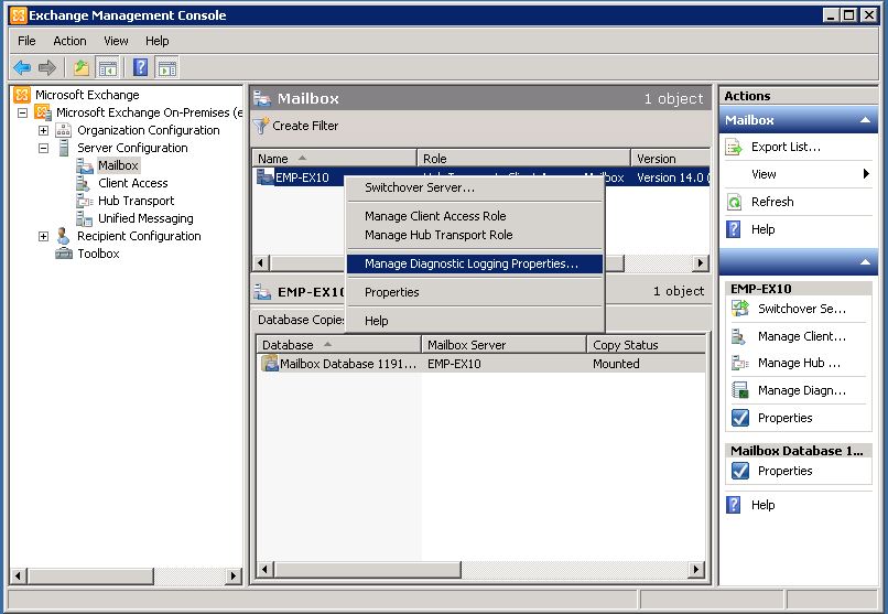Configuring Diagnostic logging On Exchange Server 2007 and 2010 using Exchange Management Console