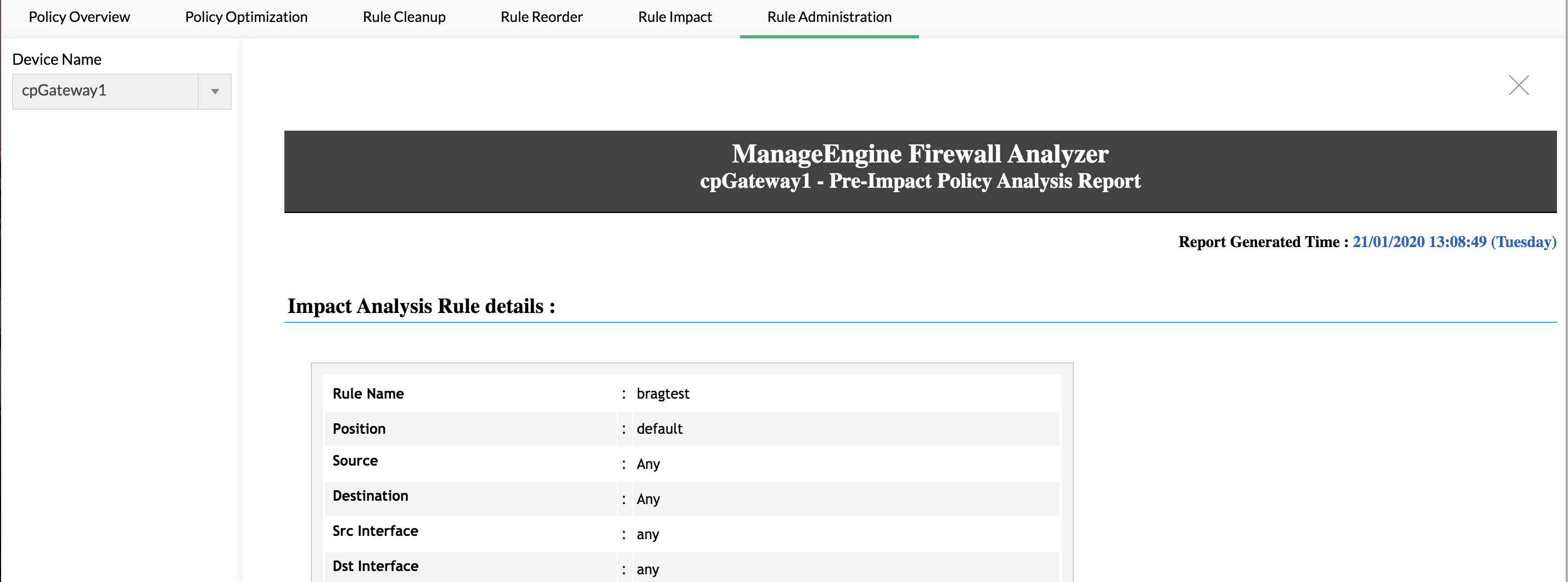 查看防火墙规则对现有规则集的影响 - 配置防火墙规则 - ManageEngine Firewall Analyzer