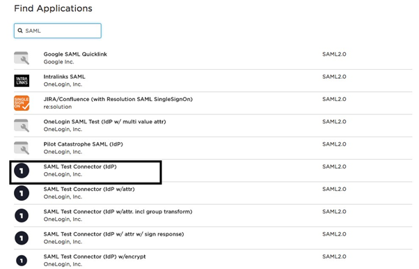 Finding SAML Test Connector (IdP)